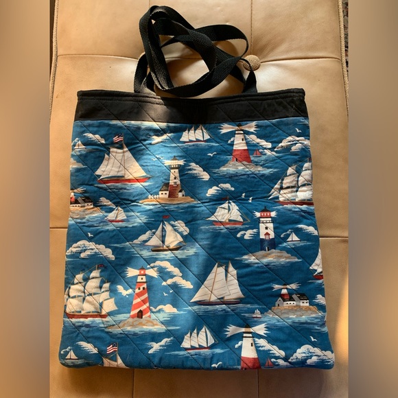 Beautiful Sailboat and Lighthouse Quilted Tote Bag - 2 Front Pockets - Picture 3 of 4